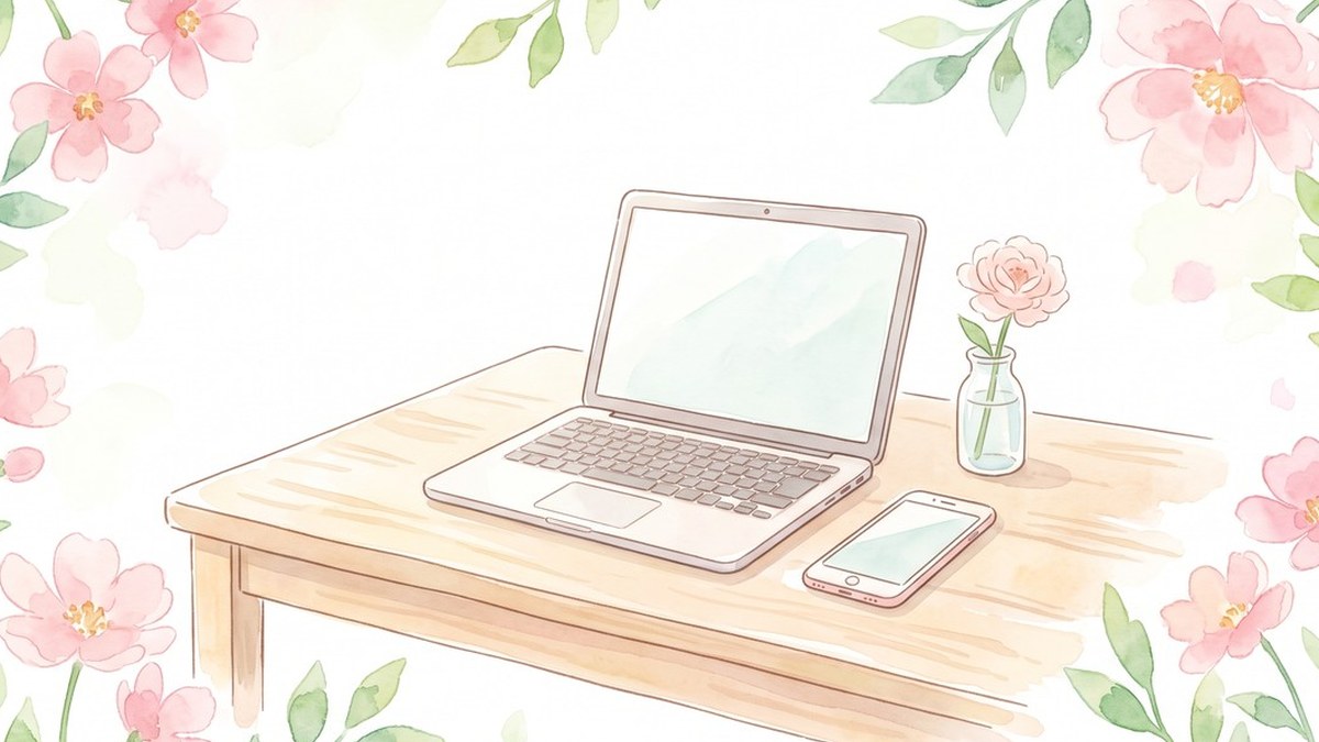 お花の世話の挿絵。木の机にノートパソコンとスマートフォン、花びんのピンクの花が置かれた水彩風イラスト