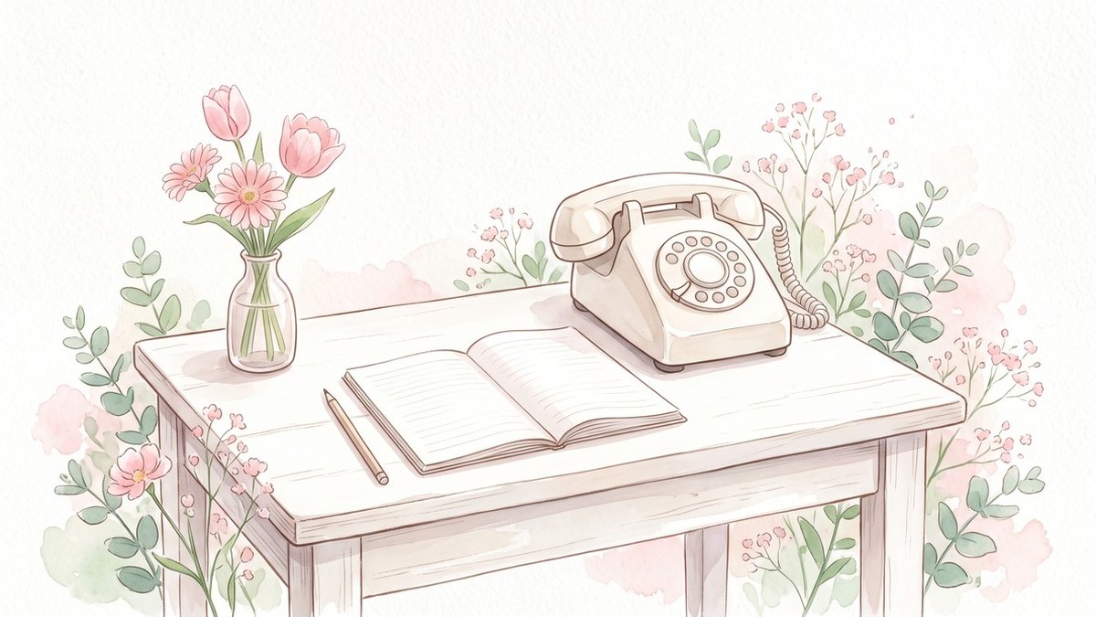 お花の世話の挿絵。花びんのガーベラとチューリップ、ノート、白い電話機が置かれた机の水彩風イラスト