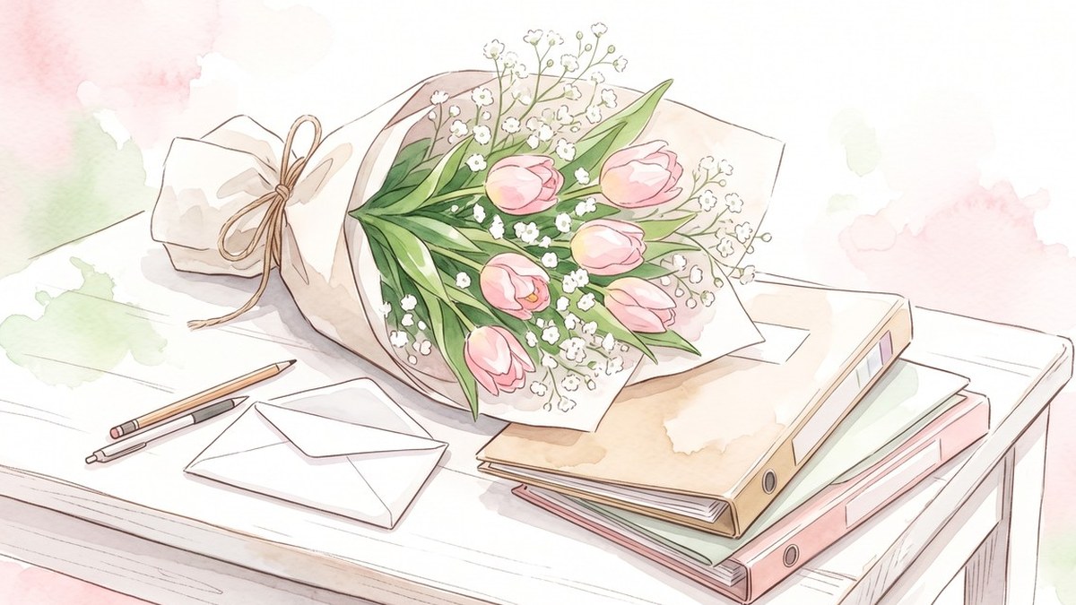 ピンクの花の花束、書類のファイル、封筒が机に置かれた水彩イラスト