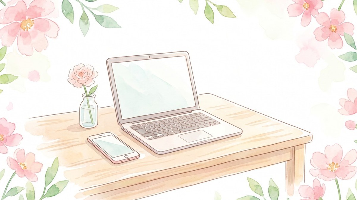 花びんの花、ノートパソコン、スマートフォンが机に置かれた水彩イラスト